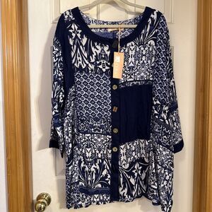 La Cera Womens Boho Patchwork Tunic Top Blue White Button Front NWT